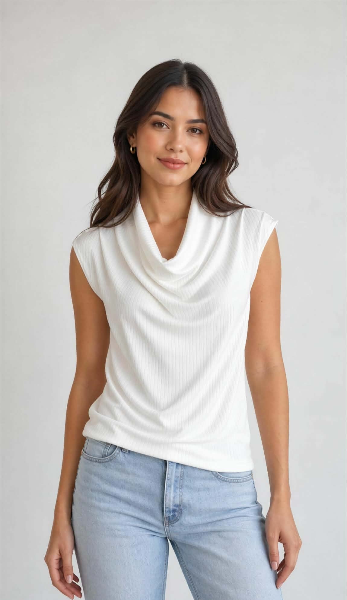 Blusa drapeada manga corta color perla.
